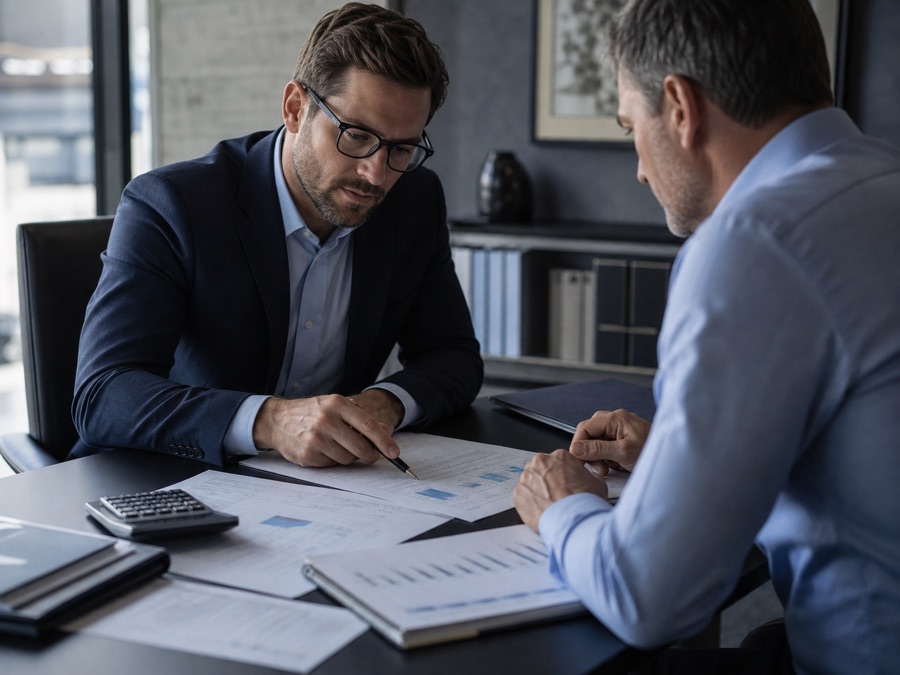 Finance adviser reviewing a cashflow funding plan with a business owner